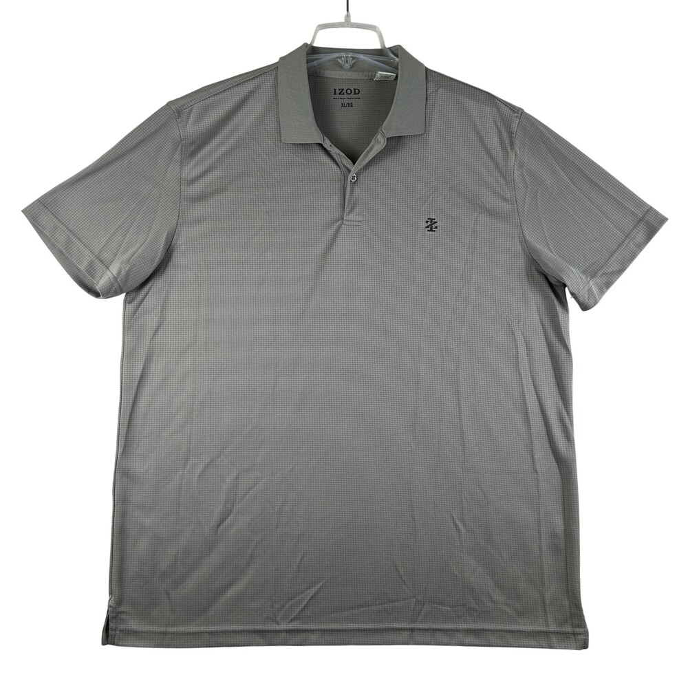 IZOD Polo Shirt Mens XL Gray Check Lightweight 100% Polyester Logo Knit Top